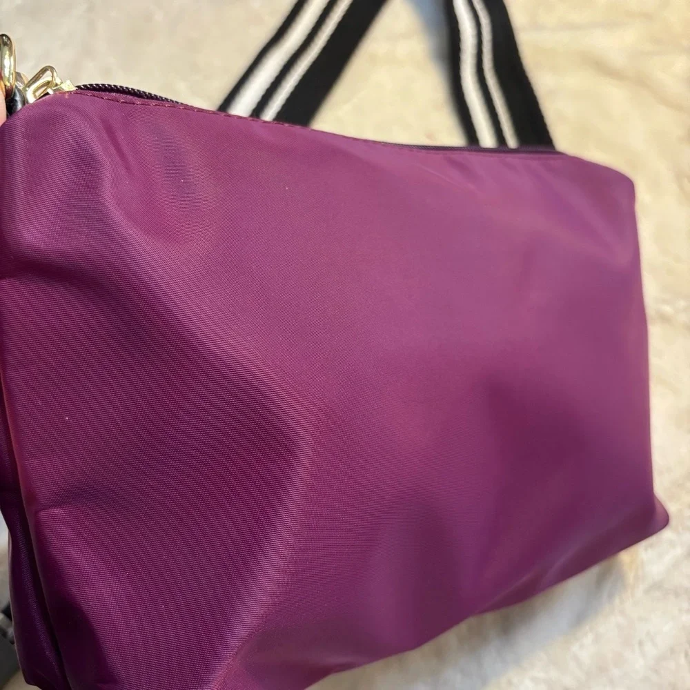 Nylon Crossbody Bag Purple Black White Striped Strap Gold-tone Hardware Zip Top